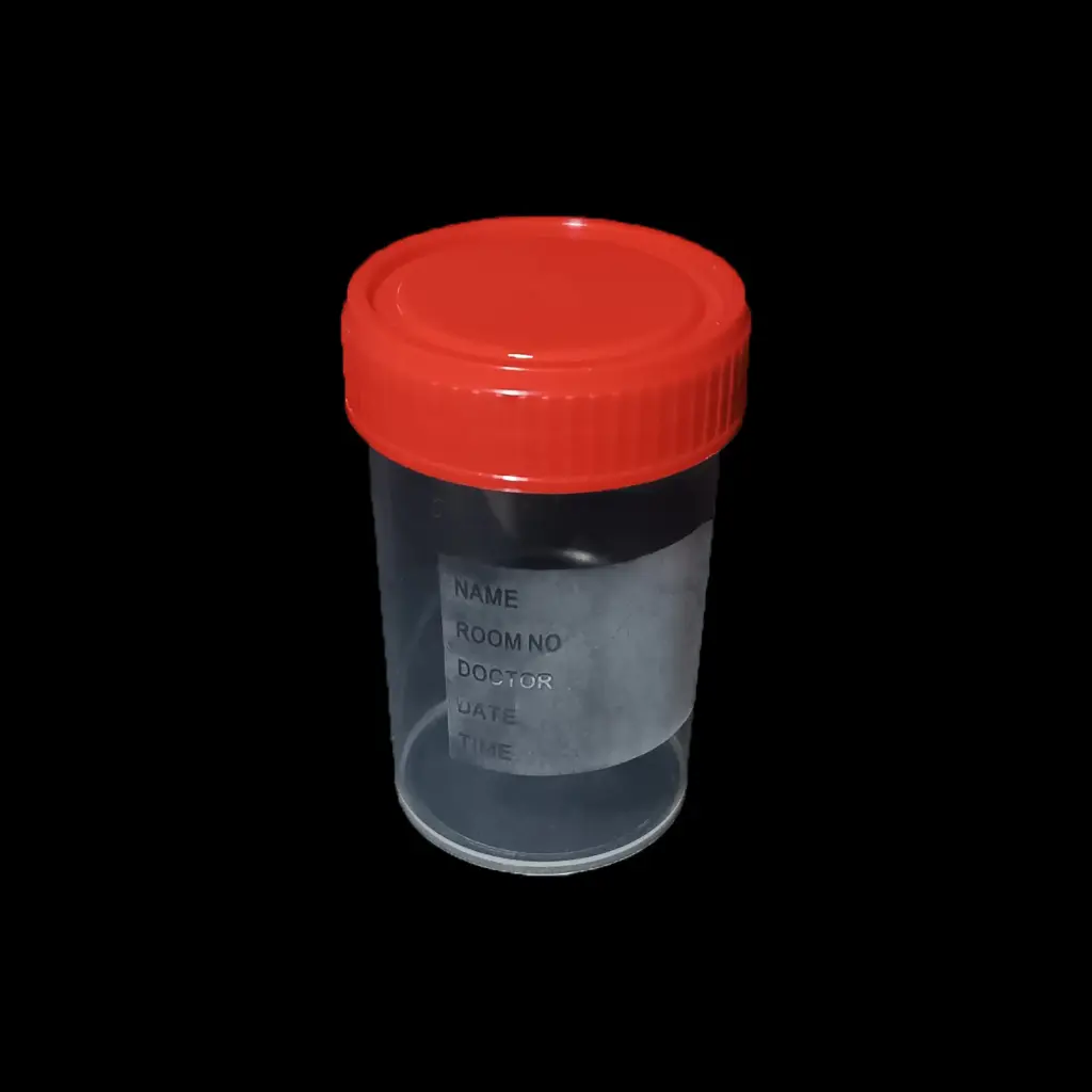 Lọ mẫu nước tiểu nhựa PP 60mL, nắp đỏ, có nhãn