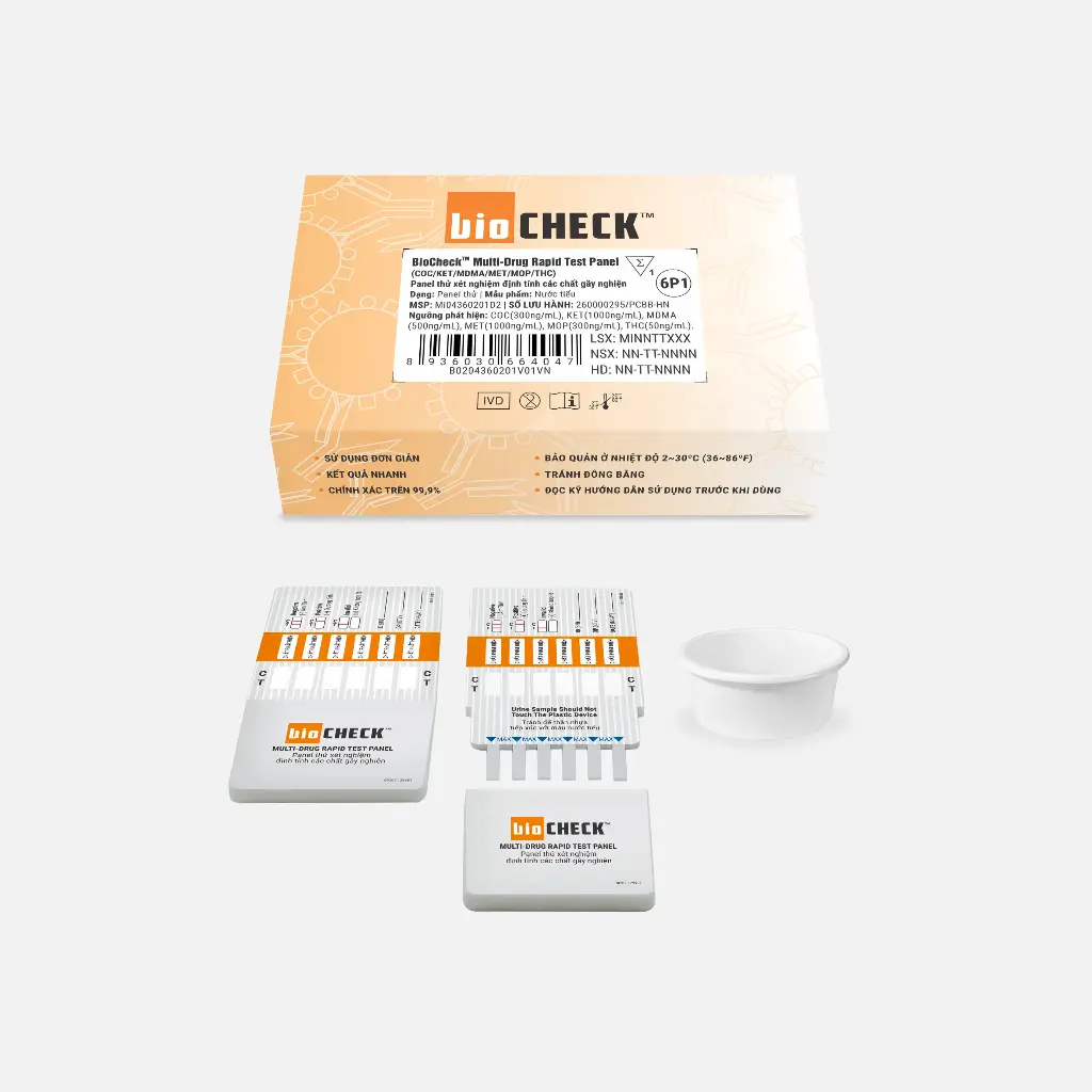 Panel thử xét nghiệm định tính Cocaine, Ketamine, Methylenedioxymethamphetamine, Methamphetamine, Morphine và Marijuana (Biocheck™ Multi-Drug Rapid Test Panel (COC/KET/MDMA/MET/MOP/THC))