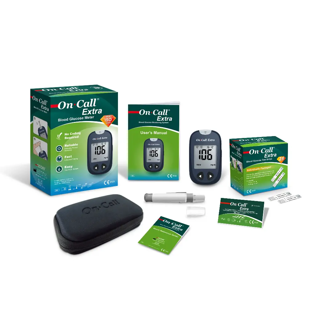 G020209: 01 máy đo đường huyết On Call® Plus, 01 x hộp 50 que thử On Call® Plus (đóng lọ) (bản sao)