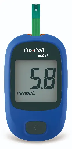 Bộ máy đo đường huyết (Oncall EZII Blood Glucose Meter) kèm que, gồm 01 máy và 01 hộp que Plus dạng vỉ 25 test (Gói 1)